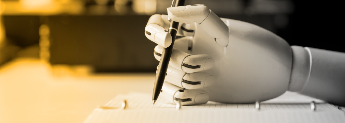 Image of robotic hand representing artificial intelligence writing tools