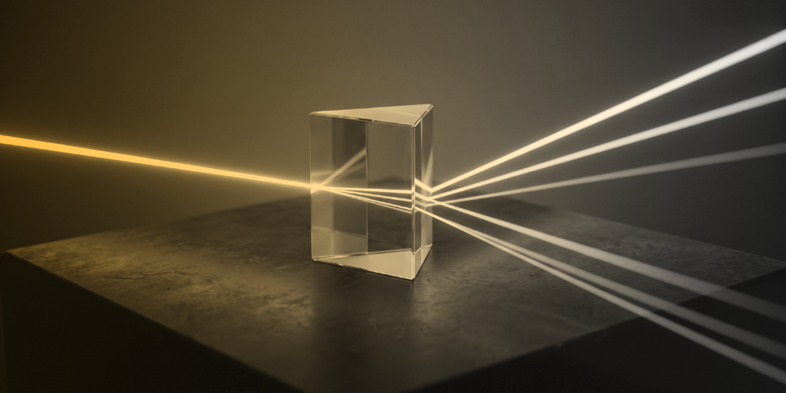 A beam of light passing through a prism, splitting into many beams