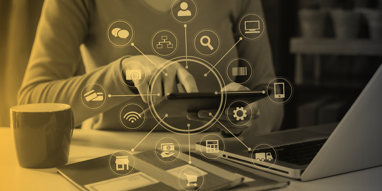 A woman with a laptop and tablet, overlayed with various tech icons